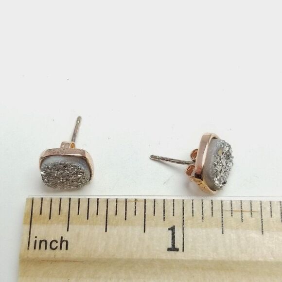 Vintage Sparkly Silver Tone and Rose Gold Tone Setting Square Stud Earrings - Picture 4 of 6